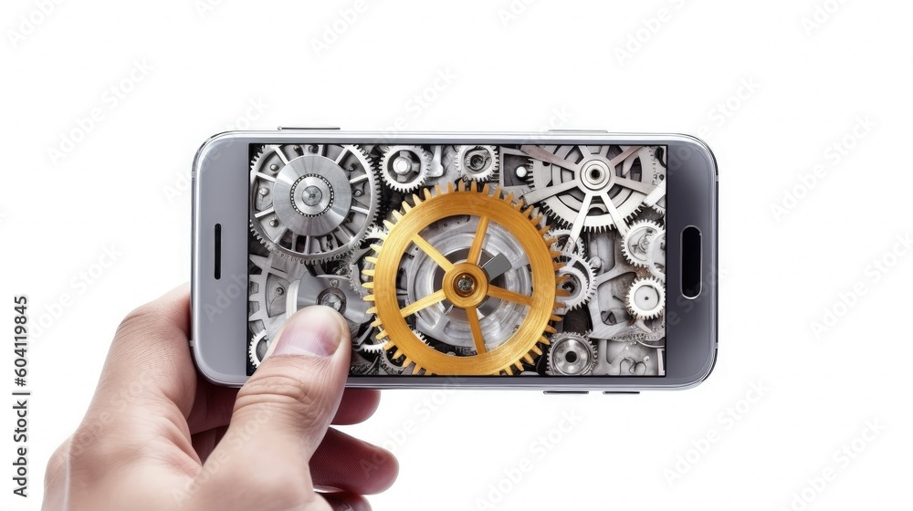 Hand holding mobile phone with gears on screen, technology and creativity concept, digital illustration. Generative AI Hand holding mobile phone with gears on screen, technology and creativity concept, digital illustration. Generative AI