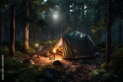 Landscape with camping tent in the forest, adventure and fun concept. Generative AI