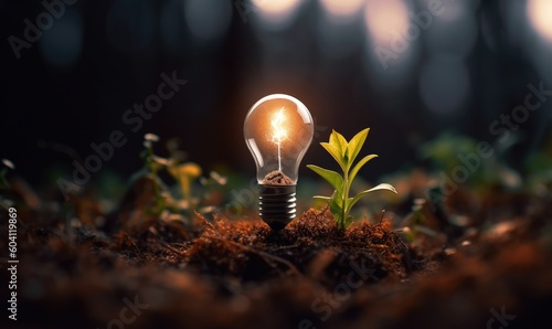 Light bulb with plant, environmental preservation, digital illustration. Generative AI