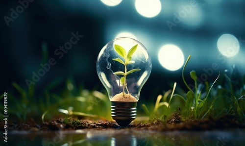 Light bulb with plant, environmental preservation, digital illustration. Generative AI