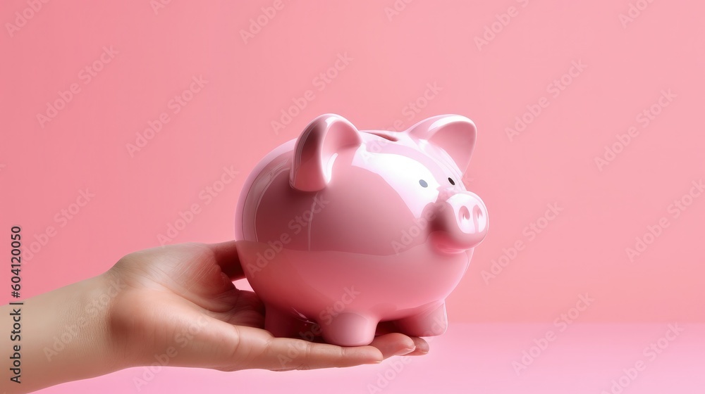 Hand holding pink piggy bank, investment concept. Generative AI