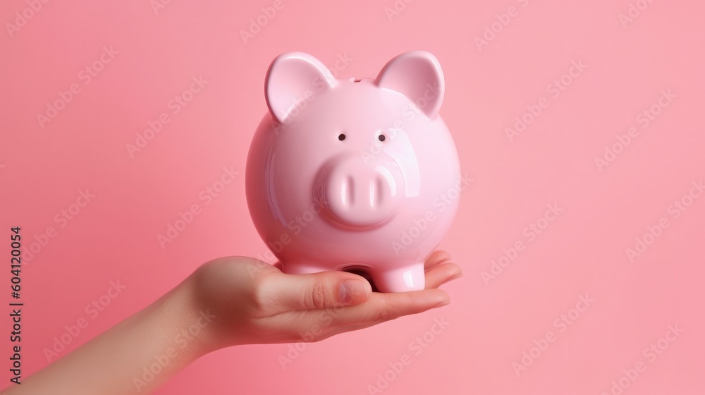 Hand holding pink piggy bank, investment concept. Generative AI Hand holding pink piggy bank, investment concept. Generative AI