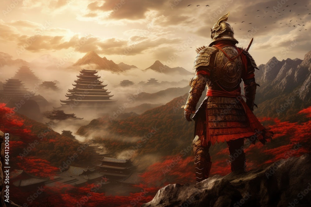 Landscape with samurai warrior, mountains in background. Generative AI Landscape with samurai warrior, mountains in background. Generative AI