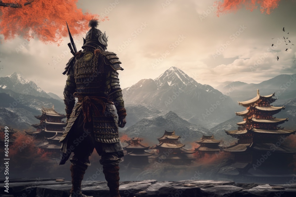 Landscape with samurai warrior, mountains in background. Generative AI Landscape with samurai warrior, mountains in background. Generative AI