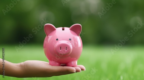Hand holding pink piggy bank, investment concept. Generative AI © Deivison