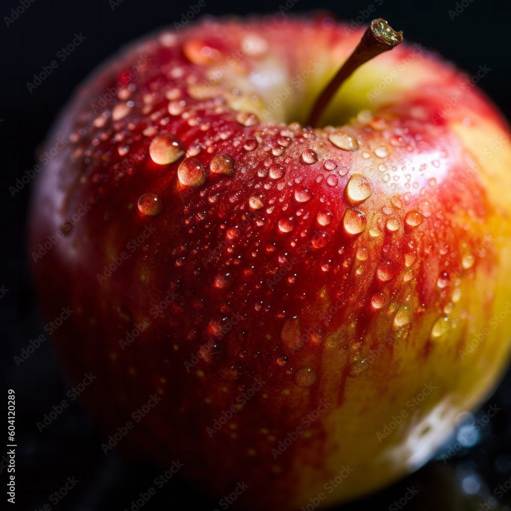 Illustration of a ripe red apple with dew drops on the surface created with Generative AI technology Illustration of a ripe red apple with dew drops on the surface created with Generative AI technology