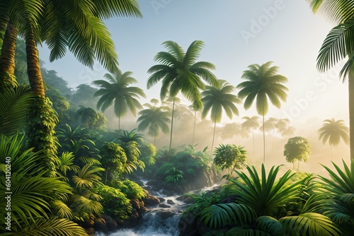 Tropical Paradise: Palm Trees in a Jungle Forest. AI Generated.