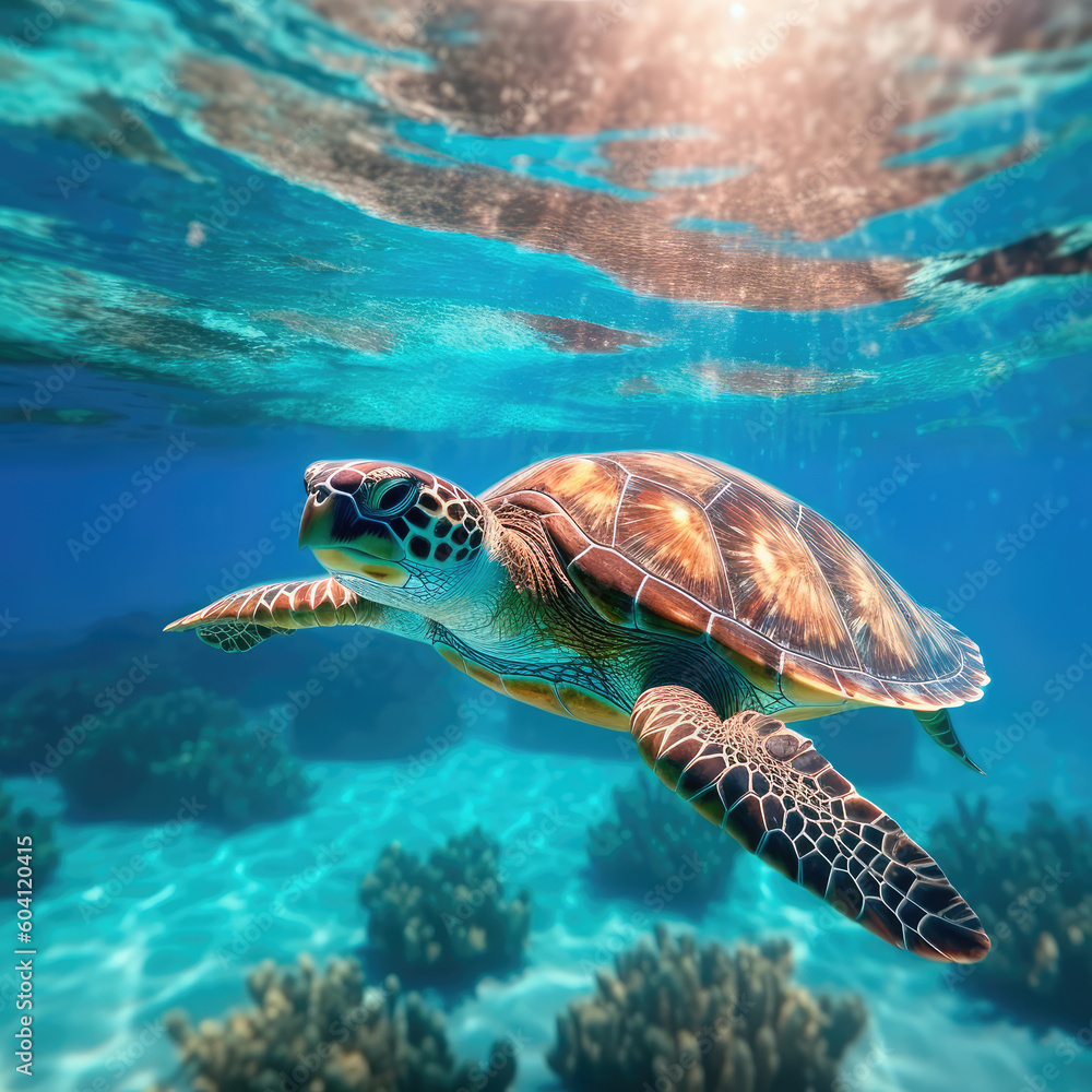 Fototapeta premium Sea turtle swimming around colorful coral reef formations in the sea. Generative AI