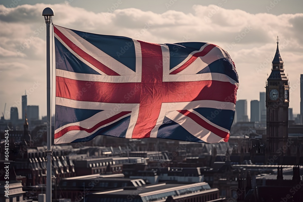 A Union Jack British flag flying on a mast above London. Daytime and natural light. Generative AI.