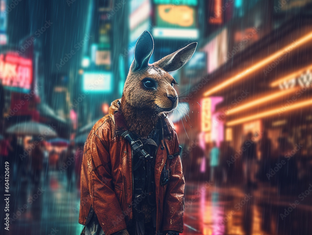 A Cyberpunk Kangaroo in a Neon City at Night | Generative AI