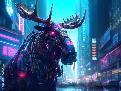 A Cyberpunk Moose in a Neon City at Night | Generative AI