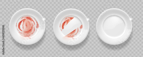 Clean and dirty dish plates, Realistic dish with ketchup, cleaninig process 3d illustration