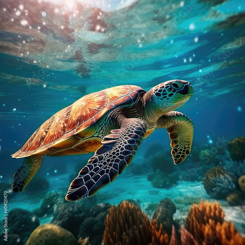 Sea turtle swimming around colorful coral reef formations in the sea. Generative AI