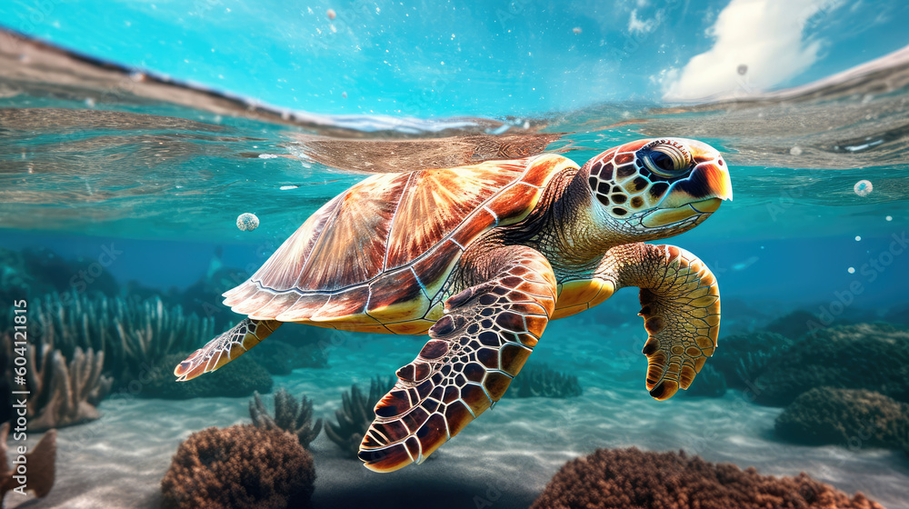 Fototapeta premium Sea turtle swimming around colorful coral reef formations in the sea. Generative AI