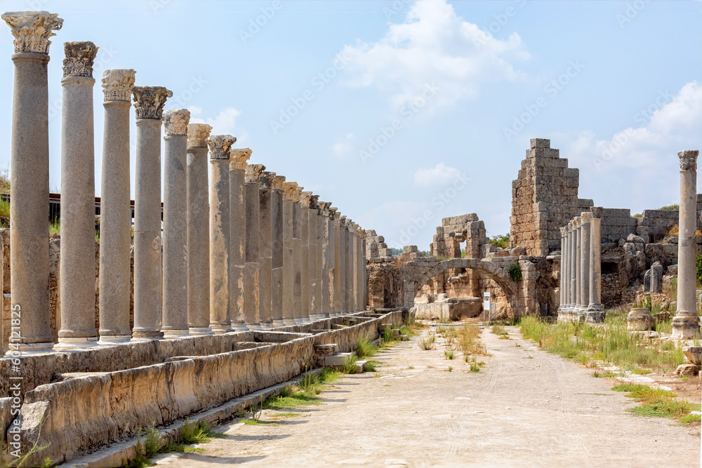 Colonnade at Perge, or Perga is ancient Anatolian city in Pamphylia. Ancient main street. Antalya region, Turkey (Turkiye). Famouse landmark and attraction