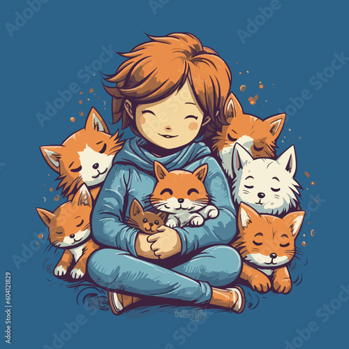 bambino con 7 gatti felici
