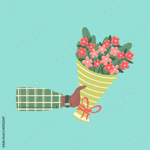 Bouquet of flowers in hands. Illustration of a hand holding flowers. Design element for greeting card, invitation, print, sticker. Illustration for birthday, mother's day, valentine's and woman's day.