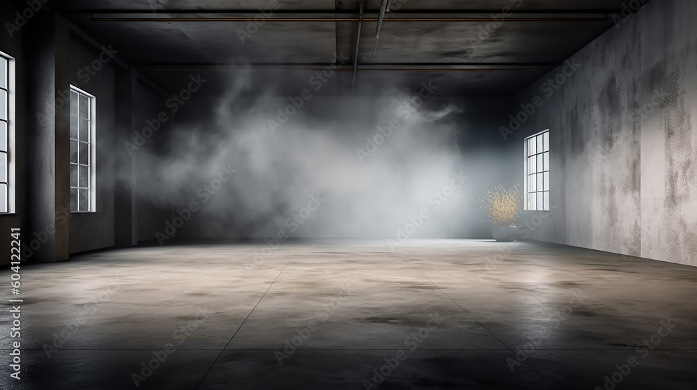Room with concrete floor and smoke with dark wall background. Generative Ai