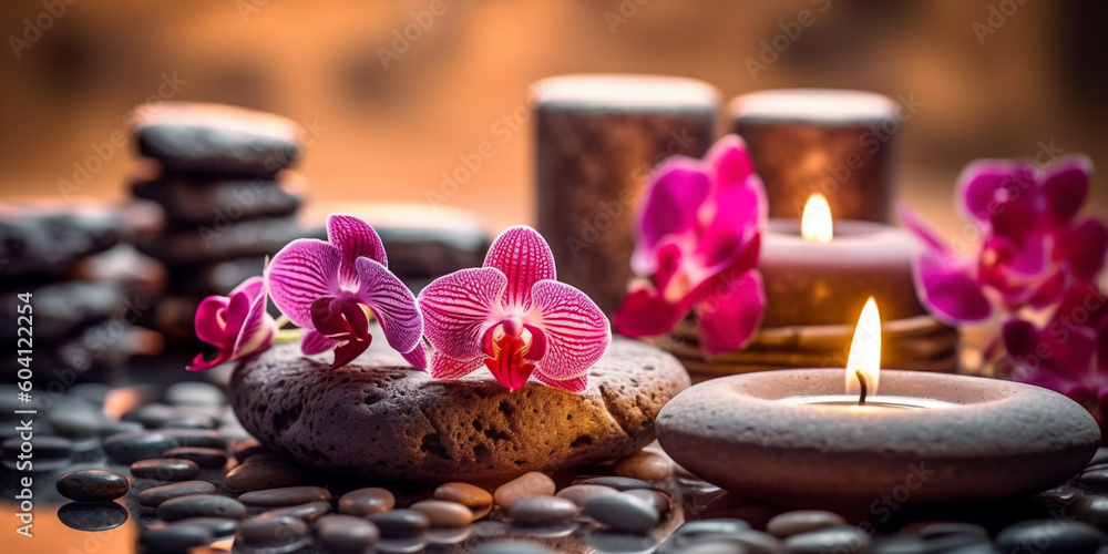 Spa and wellness setting with orchid flower, candles and towel. AI Generative. Spa and wellness setting with orchid flower, candles and towel. AI Generative.