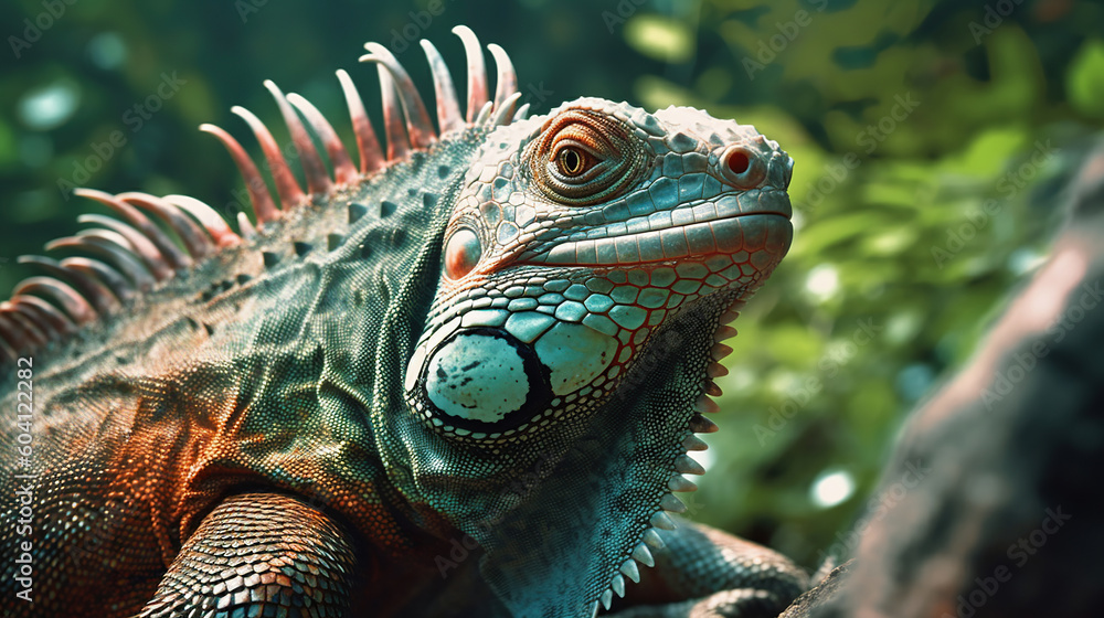 portrait of macro shot on iguana head. Generative Ai