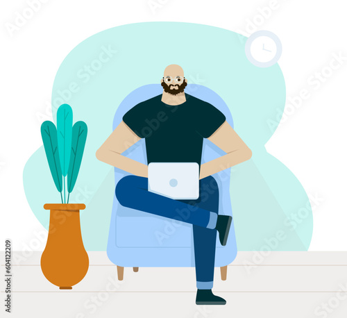 Home Office Man sitting in comfy couch with plants