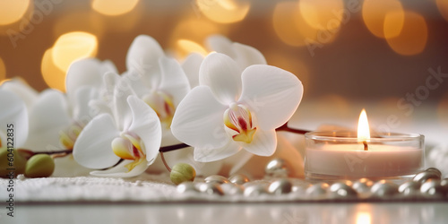 Spa and wellness setting with orchid flower  candles and towel. AI Generative.