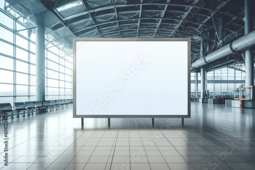 An empty blank billboard advertising poster in an airport terminal. Generative ai