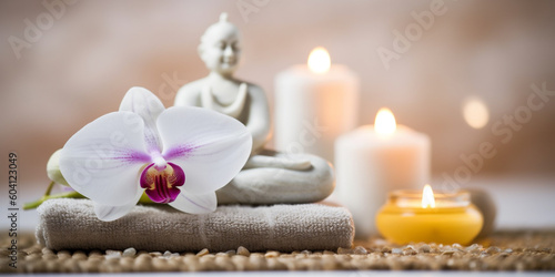 Spa and wellness setting with orchid flower  candles and towel. AI Generative.