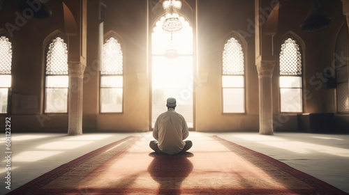 Religious muslim man praying inside the mosque. Generative Ai