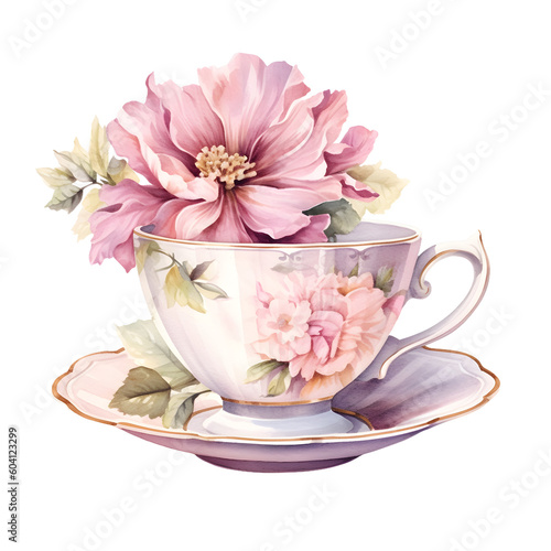 Vintage Teacups Watercolor Clipart, afternoon tea, tea party, made with generative AI