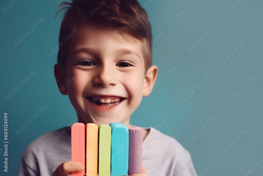 Happy cute boy holding big colored chalks, pop color banner, school design theme - Generative AI Happy cute boy holding big colored chalks, pop color banner, school design theme - Generative AI