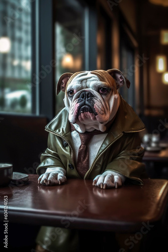 Generative AI illustration of Bulldog dog sitting at the table of a typical classic English bar drinking
