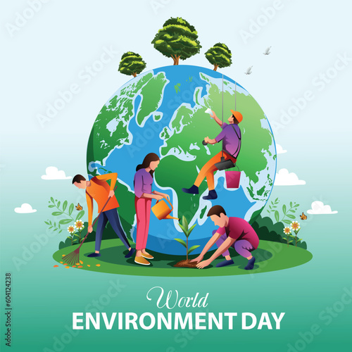 people Planting, Creative design world environment and earth day drawing and painting concept. abstract vector illustration design