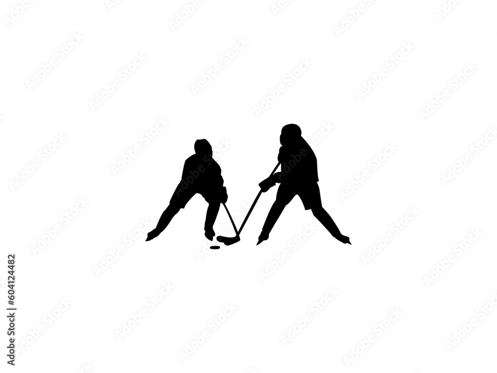 Obraz premium Female ice hockey player silhouette. Ice hockey player silhouette vector illustration. Female hockey player skating with stick on white background.