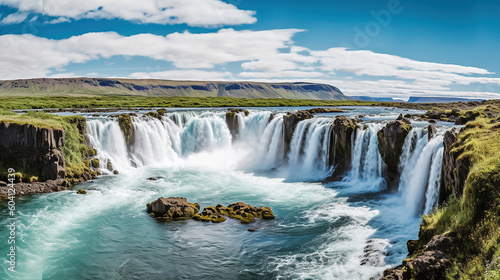 Beautiful vibrant summer panorama picture with a view on icelandic waterfall. Generative Ai