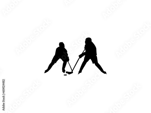 Female ice hockey player silhouette. Ice hockey player silhouette vector illustration. Female hockey player skating with stick on white background.
