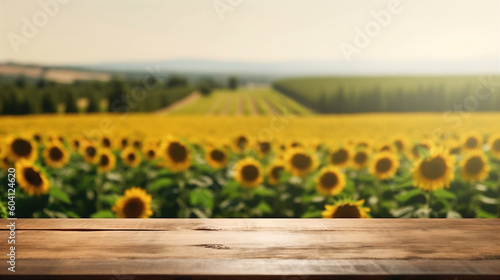 Wooden countertop against the blurred field of of golden sunflowers, ai generated