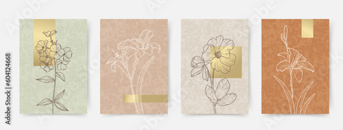 Set of trendy abstract luxury botanical vector backgrounds with line art flowers. Perfect for modern wall poster, interior design, print, home decor, cover, wallpaper, postcard