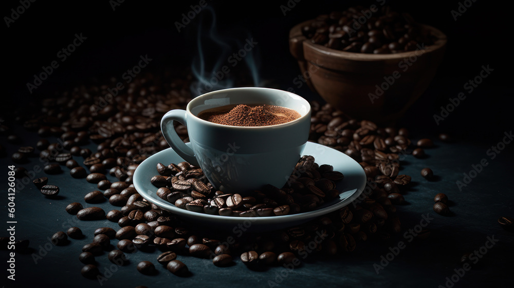 Cup of coffee, roasted coffee beans and sugar at dark table . Generative AI Cup of coffee, roasted coffee beans and sugar at dark table . Generative AI