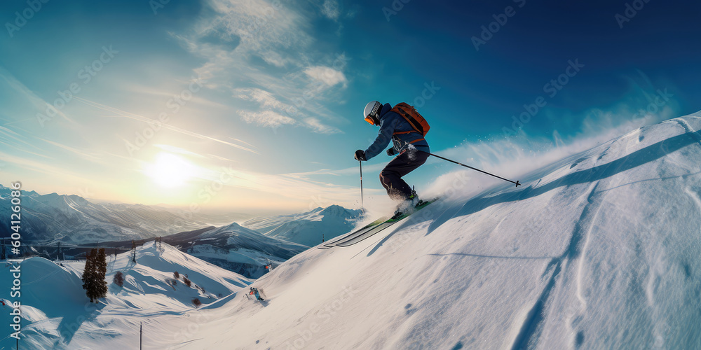 Jumping skier is skiing on the slopes of the mountains. Extreme winter sports in the mountains. Generative AI - obrazy, fototapety, plakaty 