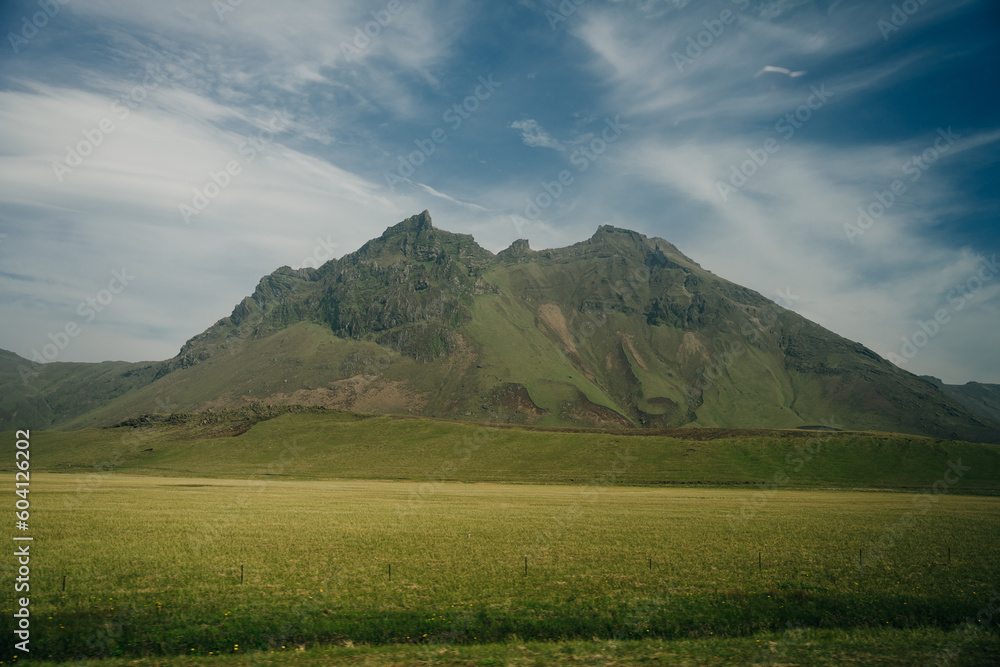 Naklejka premium Scenic view of green landscape against sky at Iceland