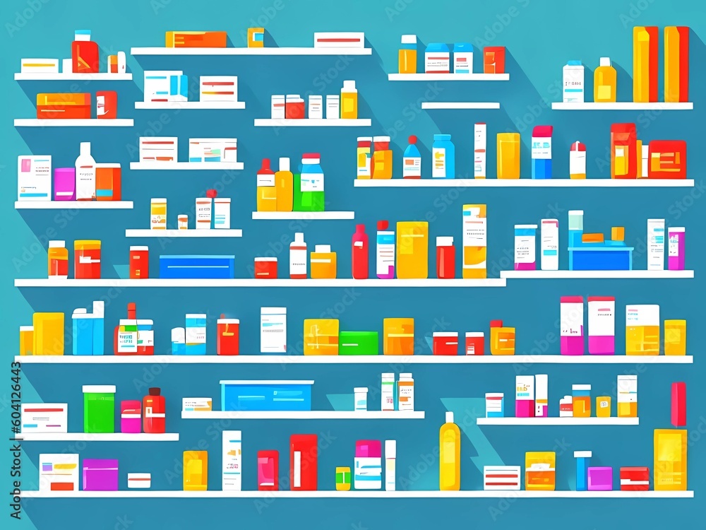 A pharmacy shelf filled with medicine packages and boxes
