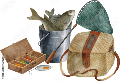 Watercolor fishing composition. Hand drawn fishing lure, landing net, metal bucket with fish, wicker creel isolated on transparent background. Angling sport hobby equipment. Catching fish illustration