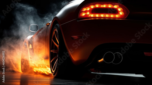 closeup of sports car exhaust pipes with smoke and fire wallpaper Ai Generative 