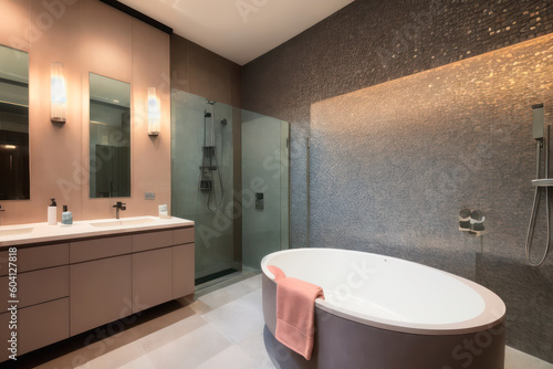 Modern bathroom interior design  white bathtub. Generative AI
