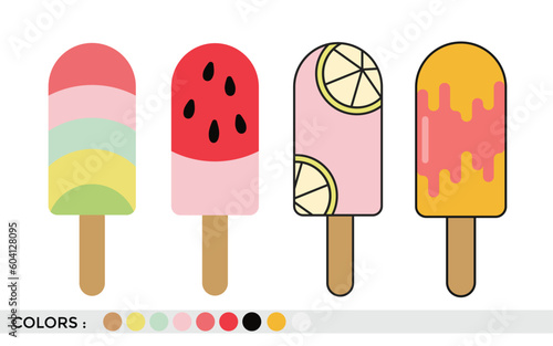 Set of flat-colored insulated Popsicle drizzled with glaze. On wooden sticks. On a light blue background. Drawing with a black outline