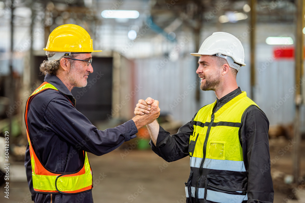 greeting by handshake touch fist and elbow of two engineer supervisor partnership in old factory. foreman greeting friend for good friendship colleague laborer in teamwork factory. greeting by handshake touch fist and elbow of two engineer supervisor partnership in old factory. foreman greeting friend for good friendship colleague laborer in teamwork factory.
