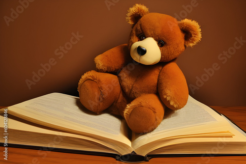ai-generated, illustration of a toy bear and books