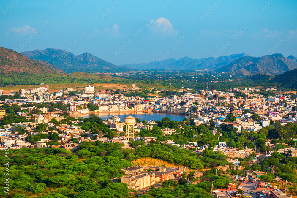 Pushkar town aerial panoramic view, India
