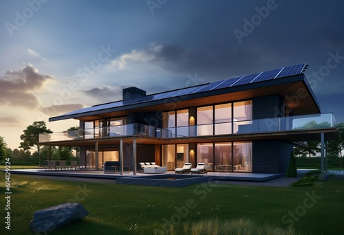 Modern home with solar panels, generative ai © progressman
